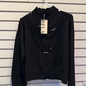 Black Turtleneck Sweater with Beaded Detail